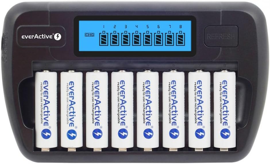 everActive Ladegerät für 8 Akkus AAA AA, schnelle Ladung - 4 Stunden Akku-Set, LCD Anzeige, Auffrisc