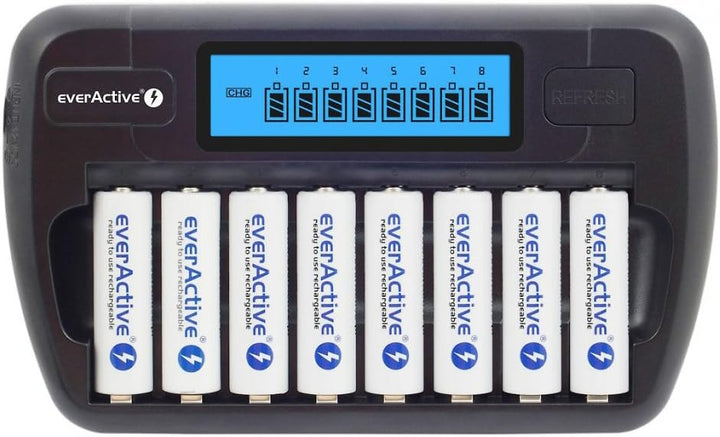 everActive Ladegerät für 8 Akkus AAA AA, schnelle Ladung - 4 Stunden Akku-Set, LCD Anzeige, Auffrisc