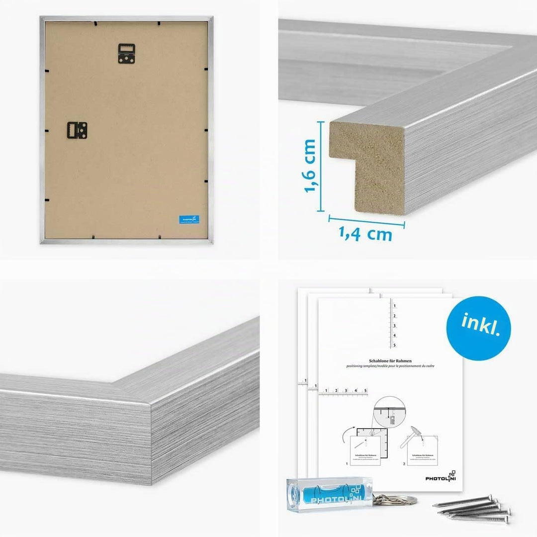 PHOTOLINI silberne Bilderrahmen Set verschiedene Grössen, 9 Bilderrahmen Silber Holz MDF, Bilder Rah