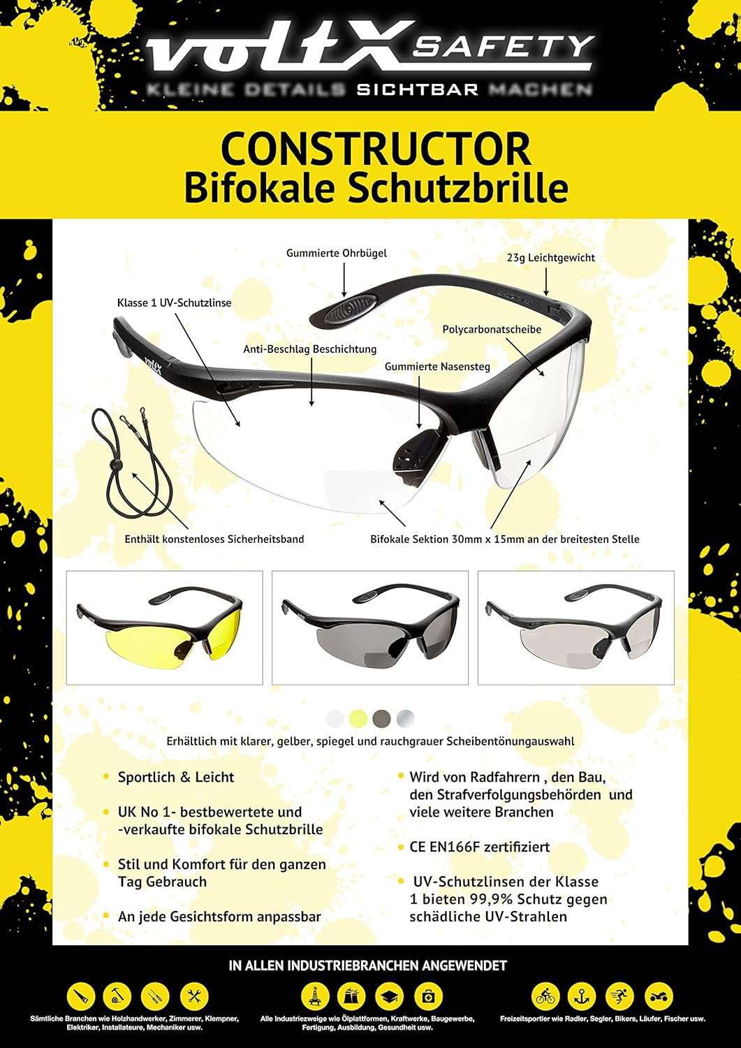 voltX 3 x Constructor' BIFOKALE Schutzbrille mit Lesehilfe (+3.0 Dioptrie klare, gelbe & rauchgraue