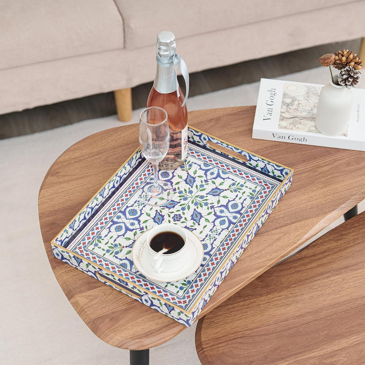 Serviertablett, Tablett mit Griff Boho Deko Rechteckig Kaffeetablett, Bruchsicher Gross Tablett für