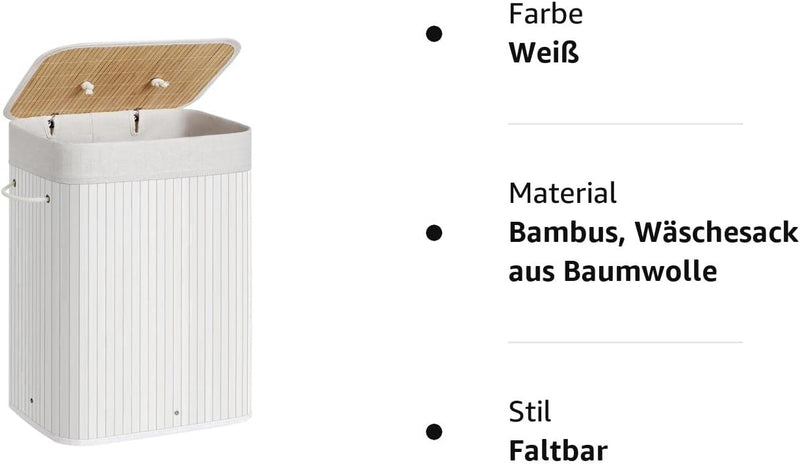 SONGMICS Wäschekorb mit Deckel, 72 l, Wäschekorb aus Bambus, faltbar, mit abnehmbarem waschbarem Wäs