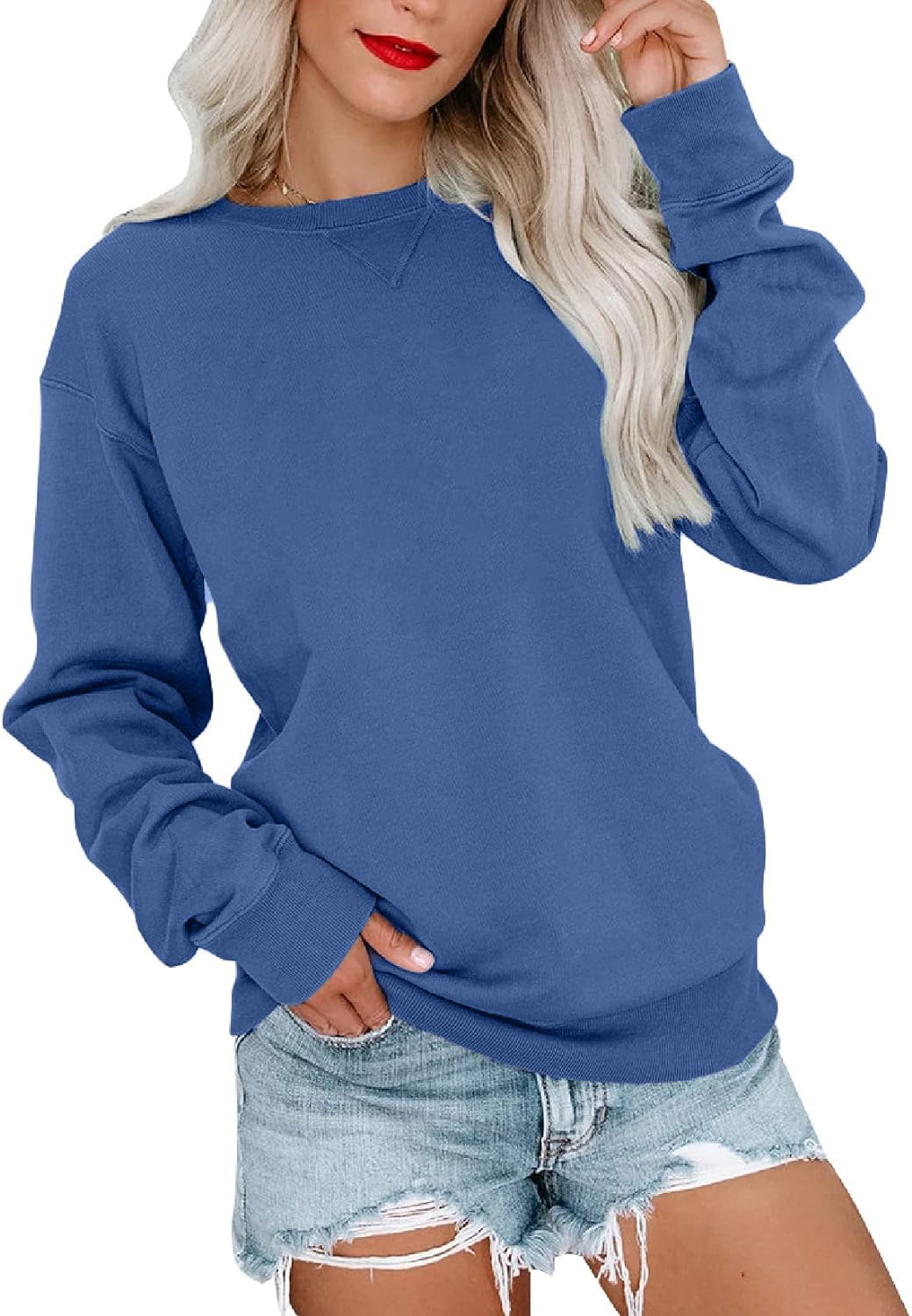 VIGVAN Damen Sweatshirt Pullover Elegant Basic Langarmshirt Rundhals Baumwolle Pulli Herbst Winter C