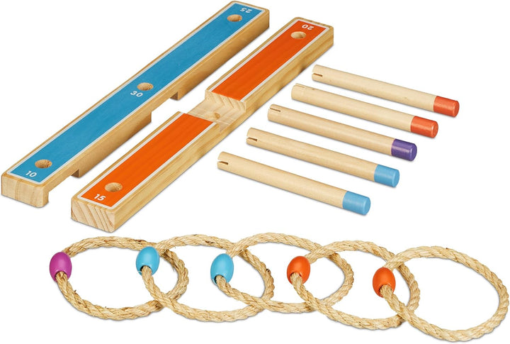 Relaxdays Ringwurfspiel, Holzwurfspiel für Kinder & Erwachsene, mit 5 Ringen, drinnen und draussen,