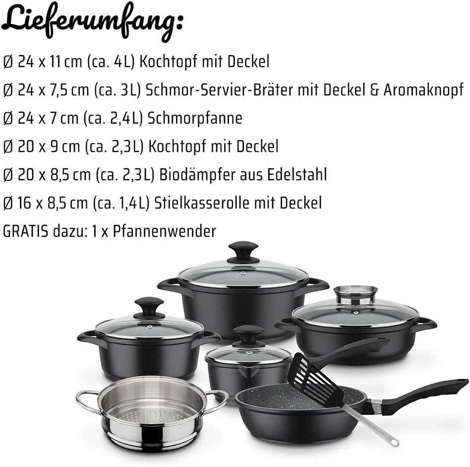 GSW Kochtopf- und Pfannenset Gourmet Granit – hochwertiges Set bestehend aus Töpfen, Kasserolle, Pfa