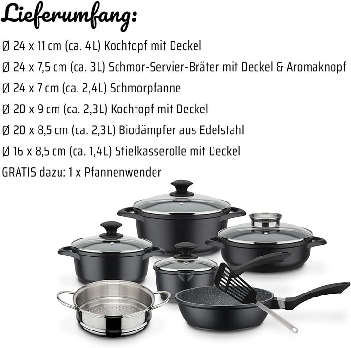 GSW Kochtopf- und Pfannenset Gourmet Granit – hochwertiges Set bestehend aus Töpfen, Kasserolle, Pfa