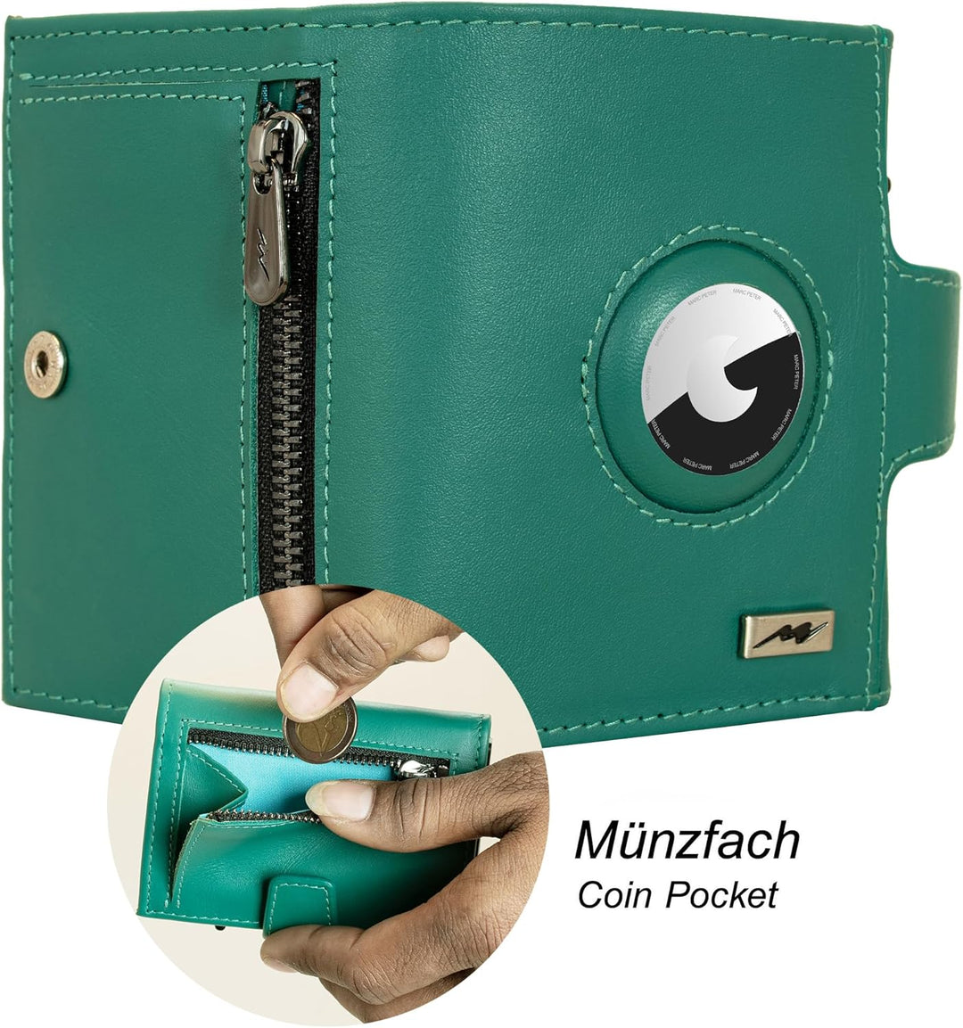 Marc Peter® Chicago Blaugrün Leder Push Air Slim Wallet | Airtag Geldbörse mit Münzfach | kleines Mi