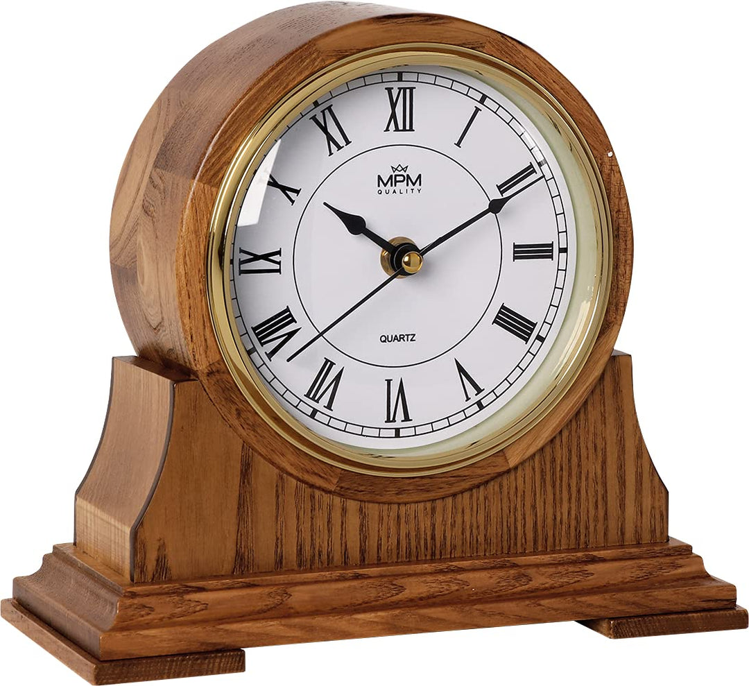 MPM Quality Retro Wood Tischuhr, Braun, Traditionelle und Elegante Holztischuhr, Römischen Ziffern,