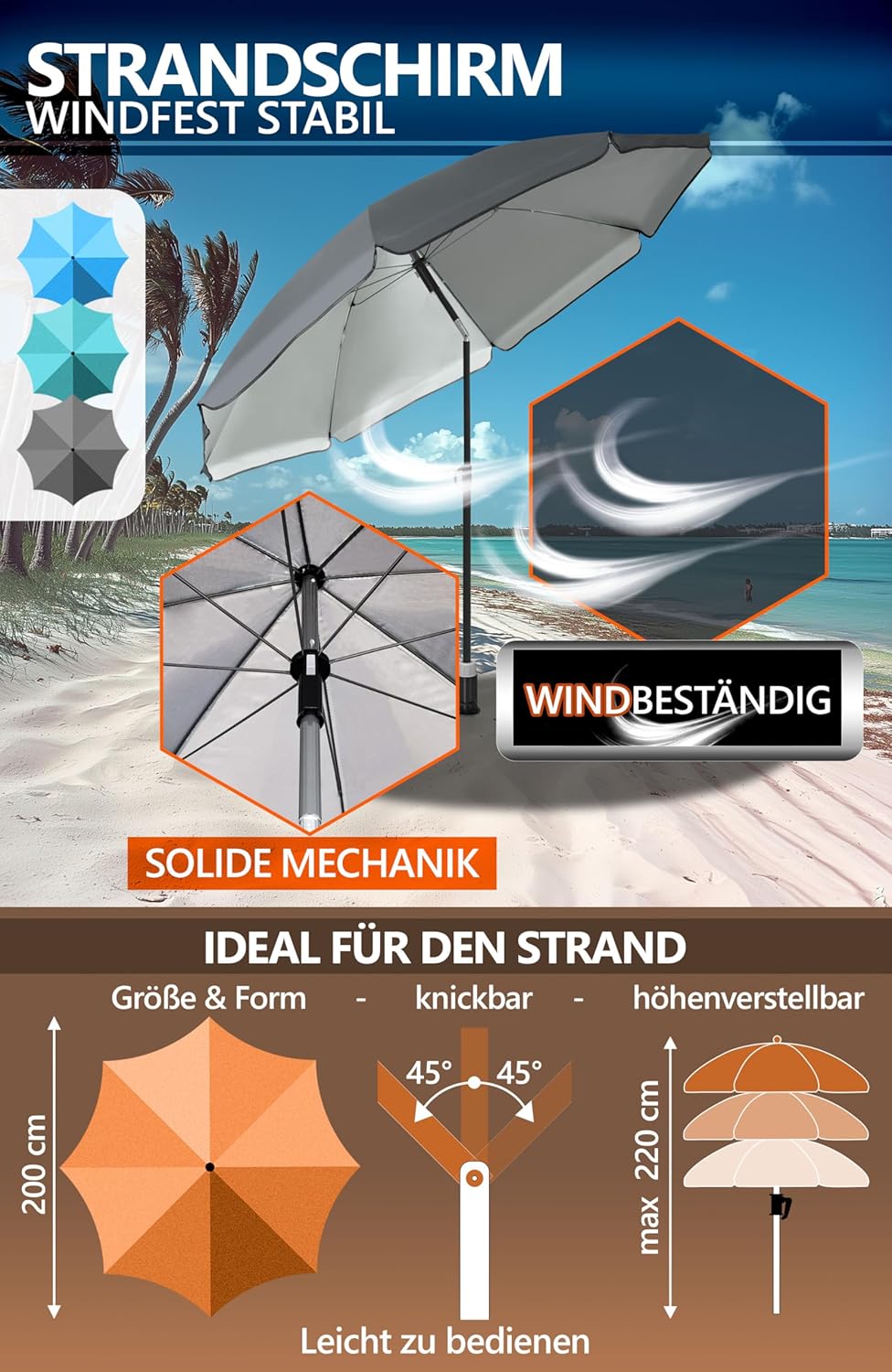 4smile Sonnenschirm Strand Ø 200 cm mit Bodenhülse, 3-IN-1-SET, Anthrazit | UPF 50+ Strandschirm + S