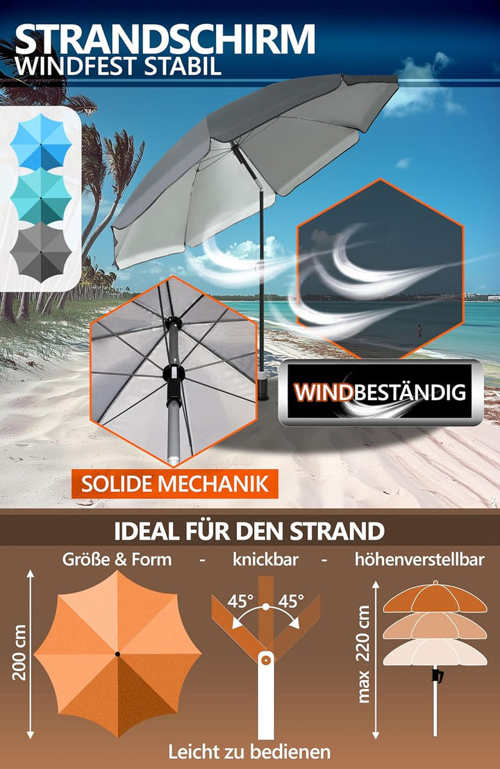 4smile Sonnenschirm Strand Ø 200 cm mit Bodenhülse, 3-IN-1-SET, Anthrazit | UPF 50+ Strandschirm + S