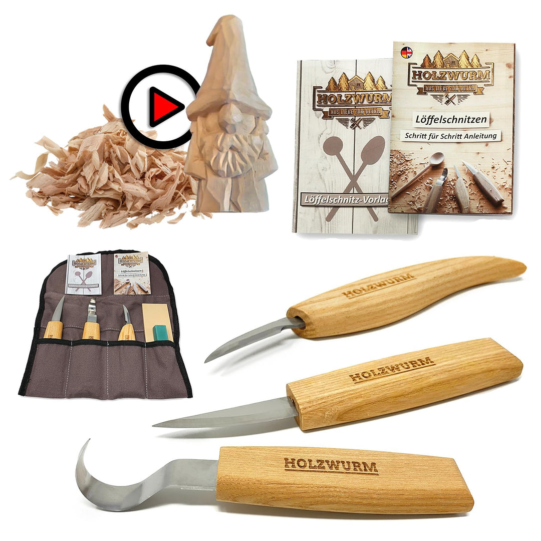 Holzwurm Holz Schnitzmesser-Set inkl. Tasche, Anleitung und Vorlagen, ideales Schnitzwerkzeug-Set zu