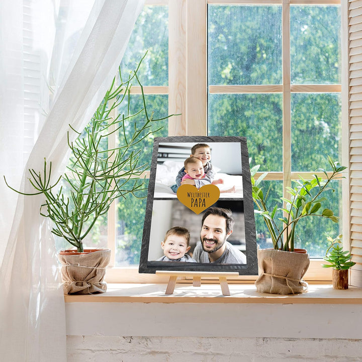 wandmotiv24 Schiefertafel Bester Papa, Aufstellschild 2 Bilder inkl. Spruch & Herz, Holz-Staffelei,