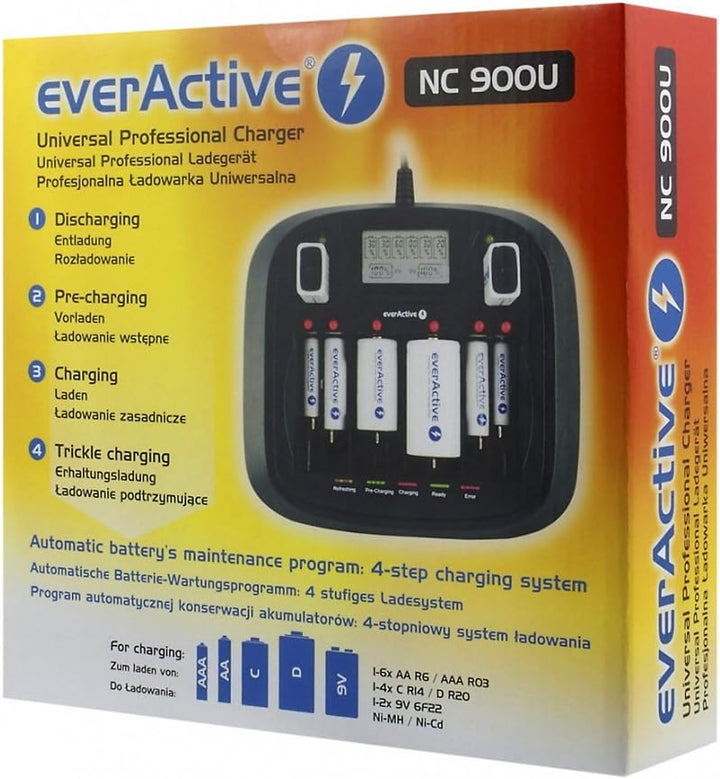 everActive Ladegerät für 8 Akkus AAA AA C D 9V, universal und schnell, vollautomatisch, LCD mit proz