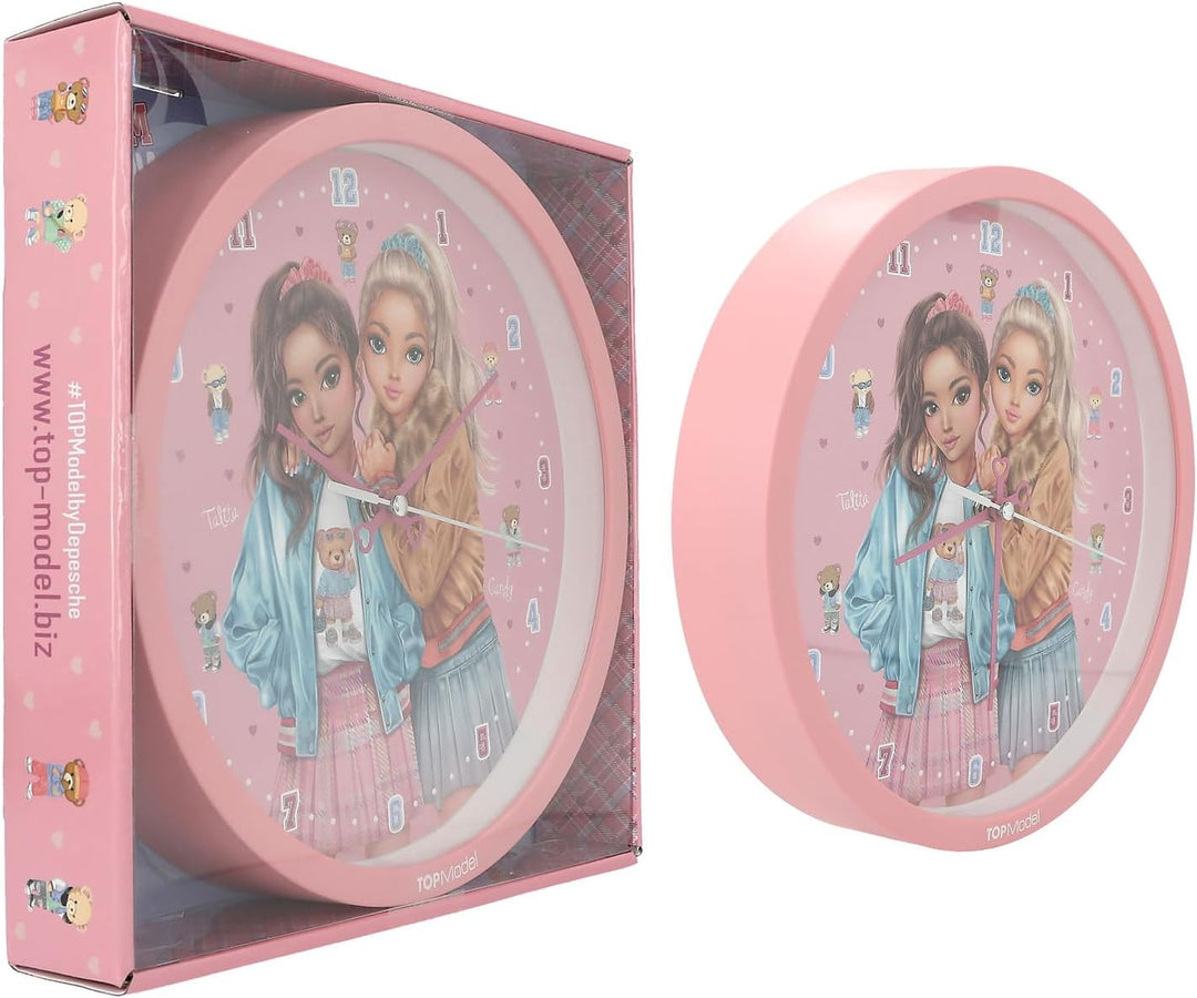 Depesche 13228 TOPModel Team Teddy - Wanduhr in Rosa für Kinder, mit Model-Motiv und Teddy, lautlose