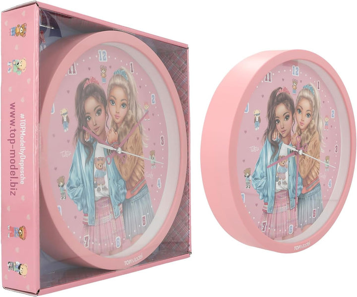 Depesche 13228 TOPModel Team Teddy - Wanduhr in Rosa für Kinder, mit Model-Motiv und Teddy, lautlose