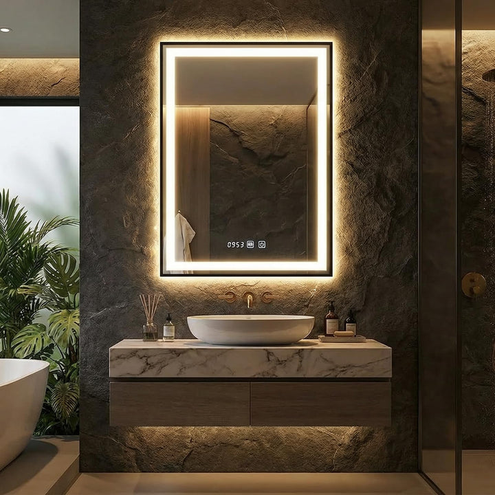 YOURLITE Badspiegel mit Beleuchtung 60x80cm, Badezimmerspiegel mit Beleuchtung LED mit Uhr, 3 Lichtf