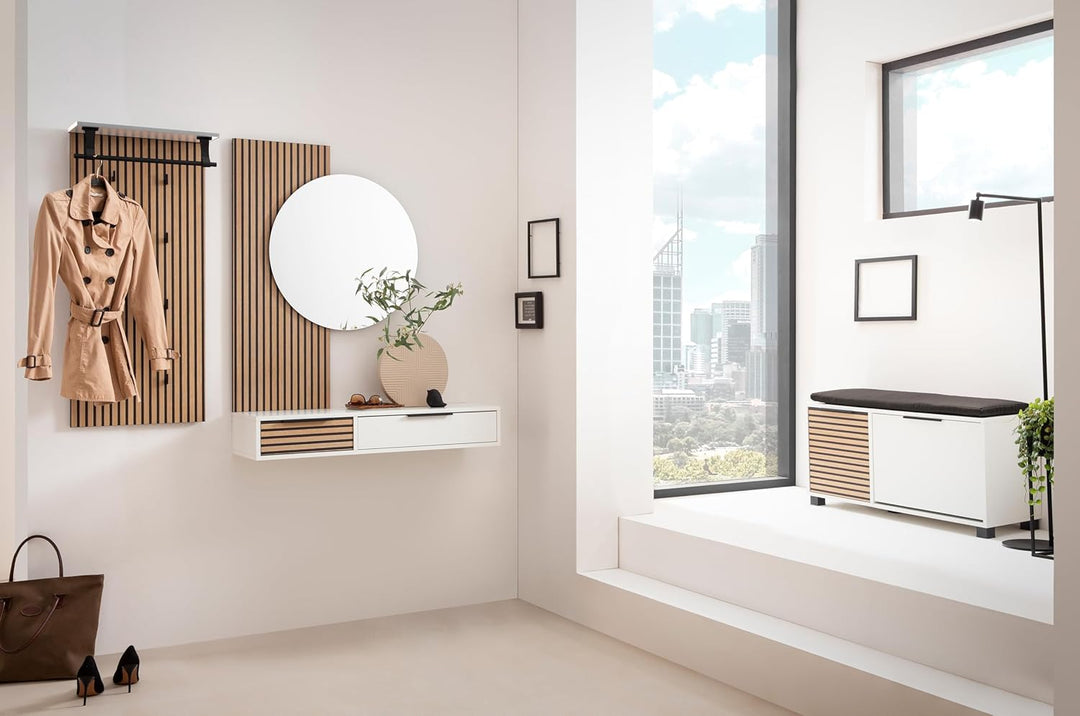 Schildmeyer Loft Schuhbank 157169, Mattweiss/Akustikpaneel Optik, 98,4 x 33,1 x 47,2 cm