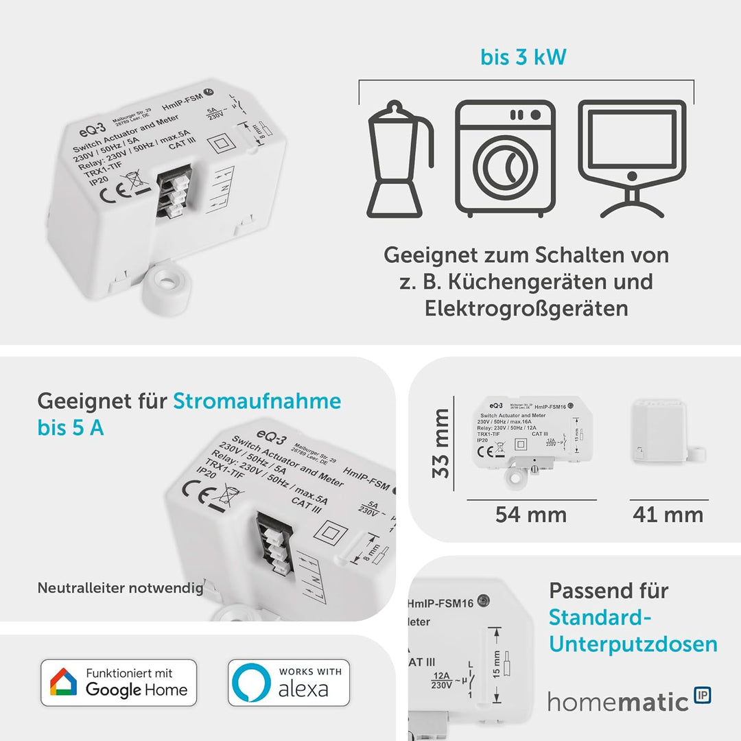 Homematic IP Smart Home Schalt-Mess-Aktor (16 A) – Unterputz, Aktor misst Strom, steuert Geräte und