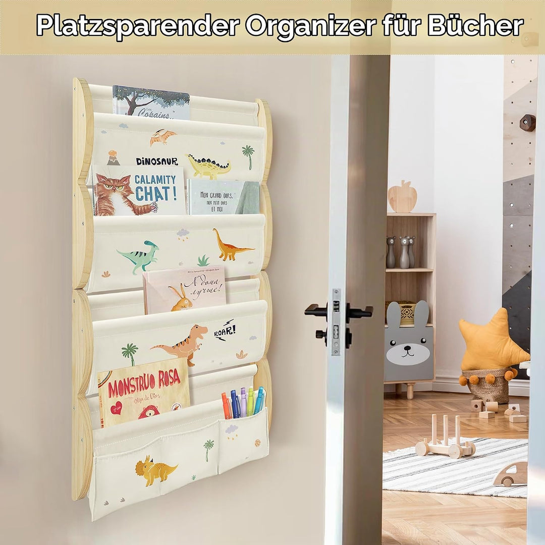 Bücherregal Kinder Wand Kinderbücherregal Montessori mit 4 Ablagen &amp; 3 Taschen Kinderregal Wandregal