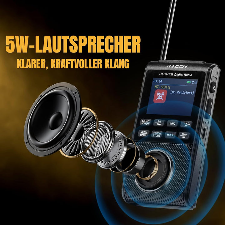 Raddy RD939 Tragbares DAB FM Radio, Taschenradio DAB Radio mit BT 5.3, 5W Lautsprecher, 2" Display,