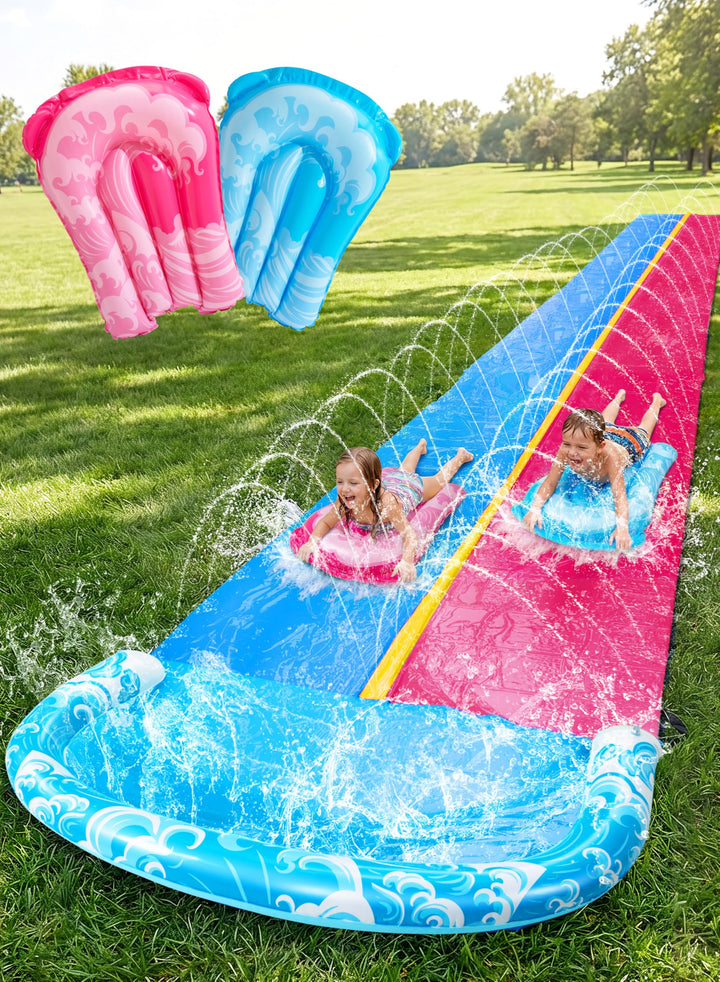 JOYIN 32,5ft/990.6cm Wasserrutsche und 2 aufblasbare Boards, extra Lange Doppel-Garten-Wasserrutsche