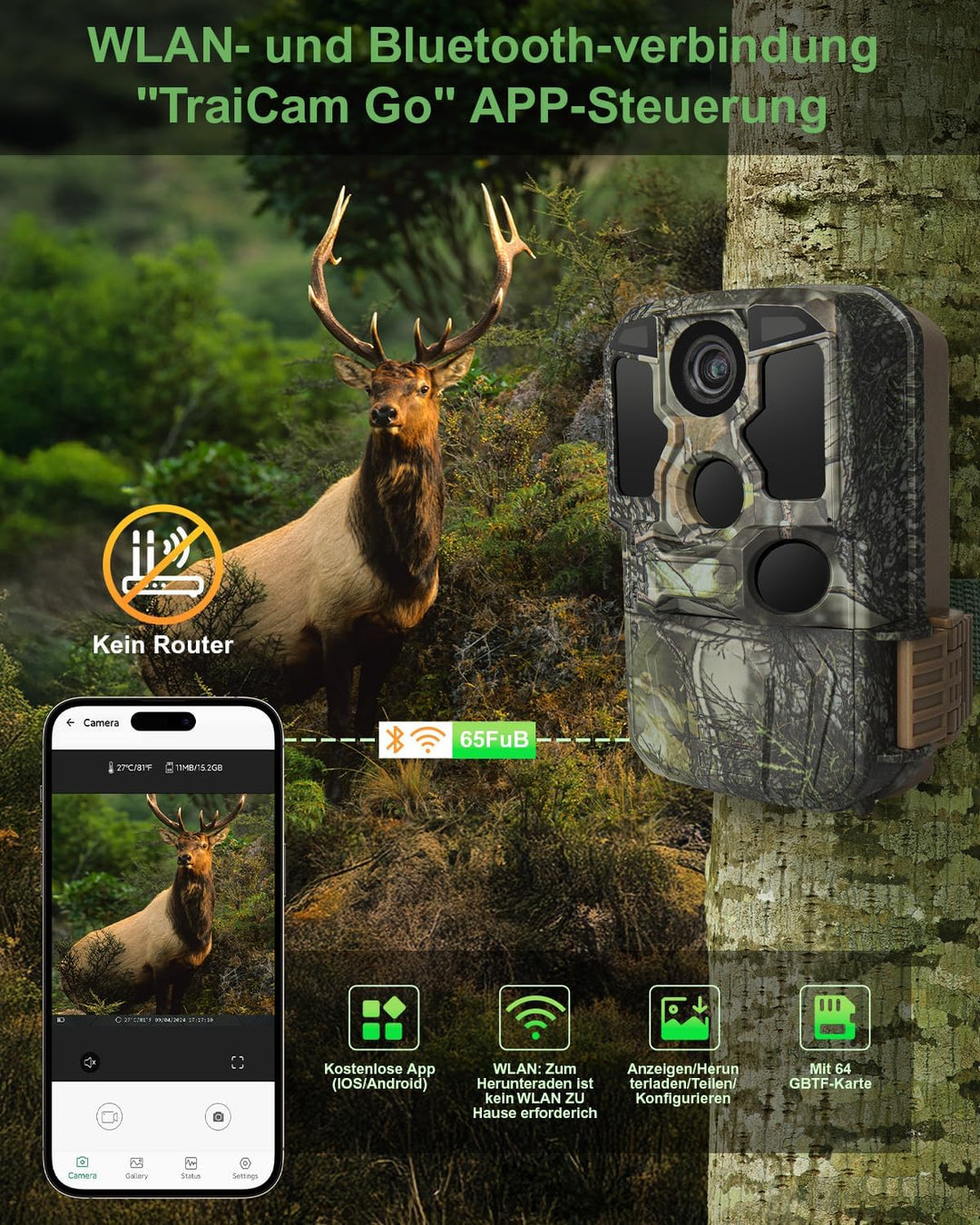 KJK 4K 84MP Wildkamera mit Handyübertragung APP, WLAN Bluetooth Wildkamera mit Bewegungsmelder Nacht
