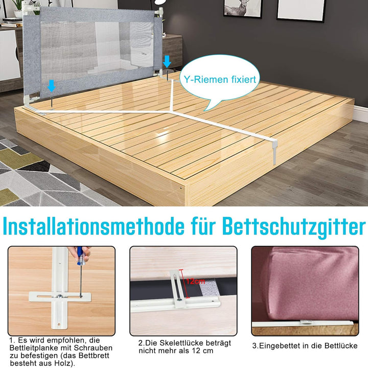 Froadp 200cm Rausfallschutz Baby Bettgitter Schutzgeländer, Höhenverstellbar Kinderbettgitter mit Do