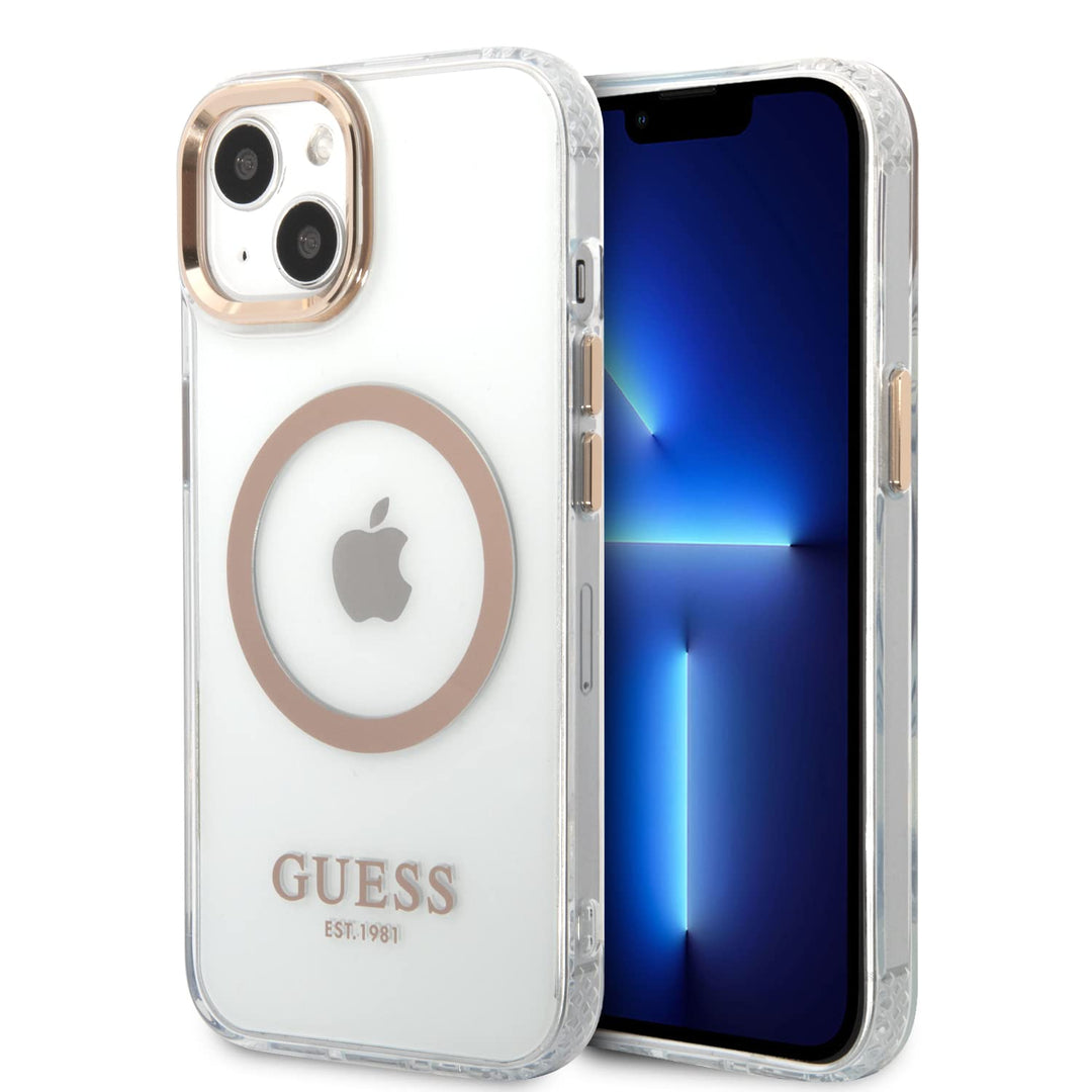 Guess GUHMP13MHTRMD Hülle für iPhone 13 6,1" Gold/Gold Hard case Metal Outline White/Pink Magsafe, W