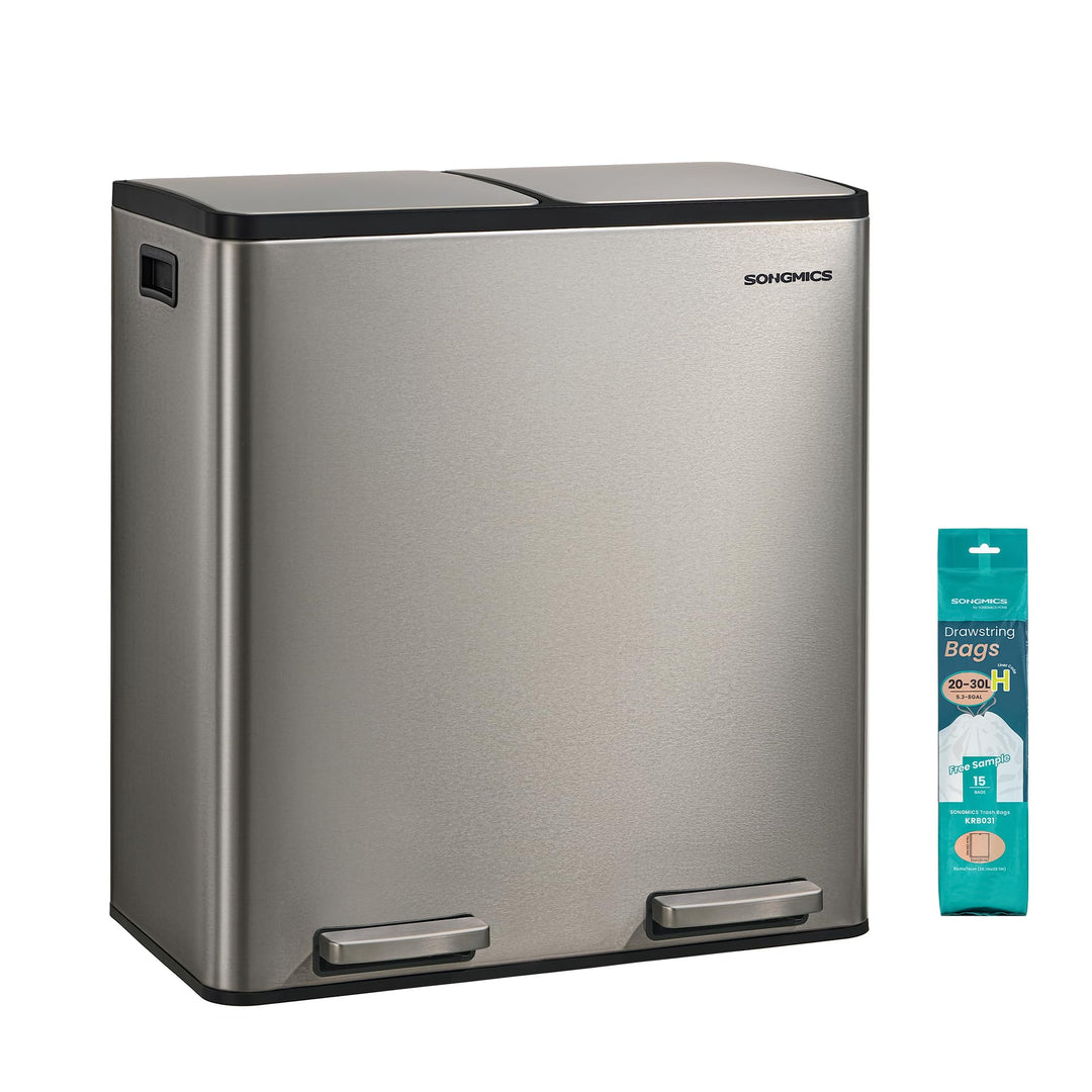 SONGMICS Mülleimer Küche, 2 x 30 L, Mülltrennsystem 2 Fächer, Abfalleimer mit 15 Müllbeuteln, Tretmü