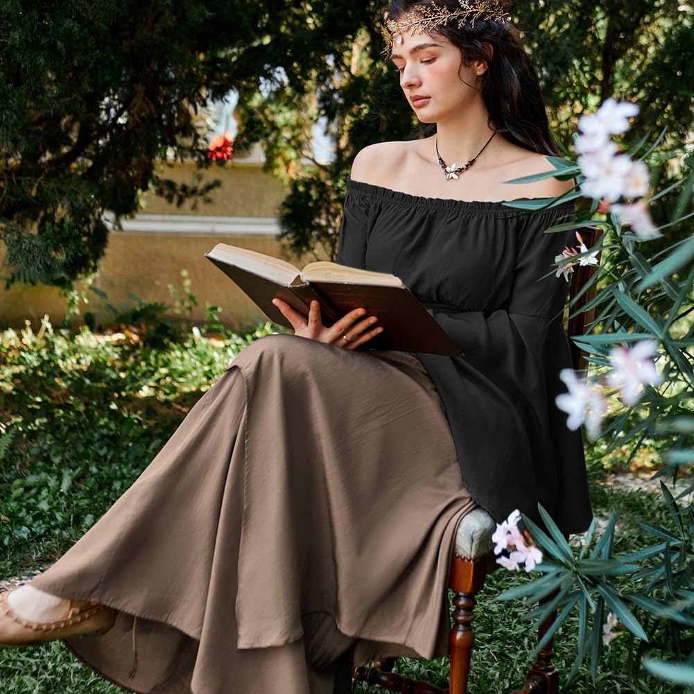 SCARLET DARKNESS Damen Renaissance Trachtenbluse Schulterfrei Gesmokte Mittelalter Shirt S Schwarz,