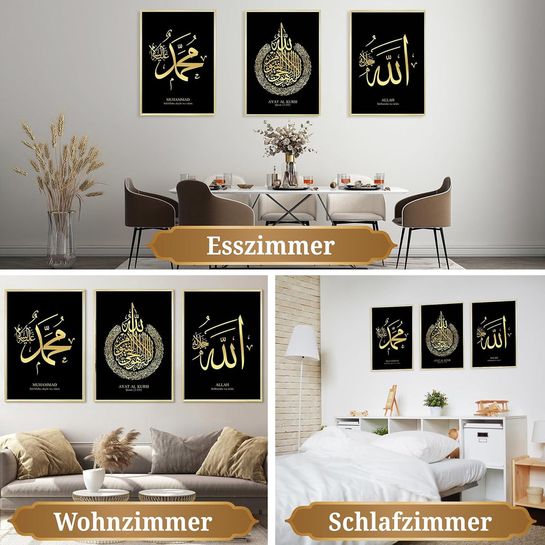 HAVA Artwork Islamisches Goldfolien Poster Set Schwarz, Islamische Poster, Islamische Bilder, Islami