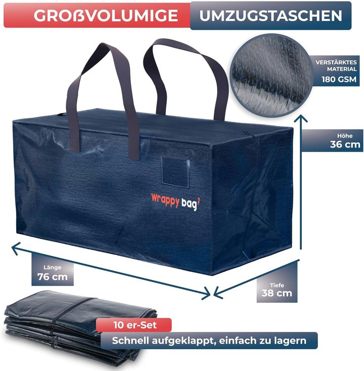WRAPPYBAG 10er-Set Grosse Kunststoff-Aufbewahrungstaschen – Jumbo XXL Umzugstaschen – Wasserdicht, S