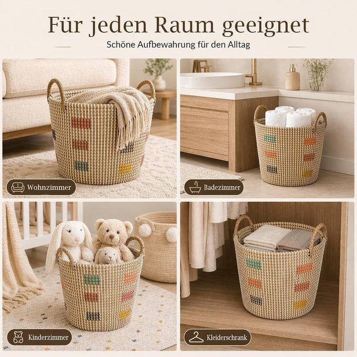 3er Set Aufbewahrungskorb Seegraskorb mit Griffen, Wäschekorb Geflochtener Korb, Handgeflochtener Sp