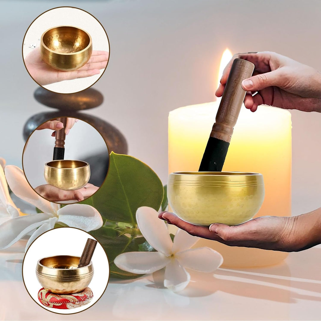 Tibetisches Klangschalen-Set, Meditationsklangschale aus Messing, 8,6 cm Durchmesser,wird mit hölzer