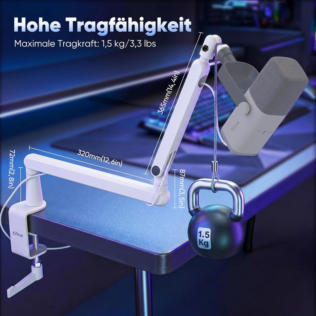 FIFINE Mikrofon Arm, flach einstellbarer Stangen Mikrofon Ständer mit Mikrofonclip, Schraubenadapter