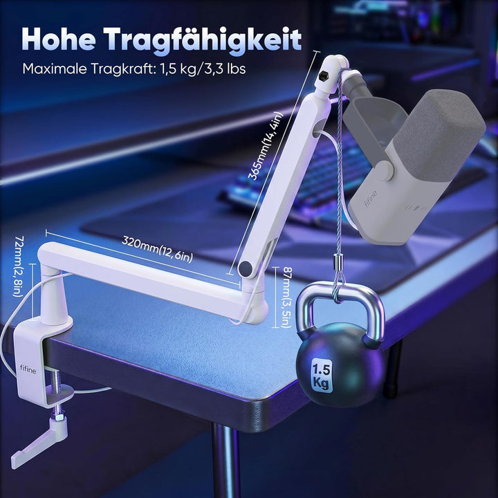 FIFINE Mikrofon Arm, flach einstellbarer Stangen Mikrofon Ständer mit Mikrofonclip, Schraubenadapter