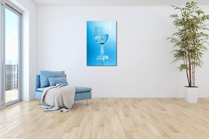 deyoli Öl in einem Wasserglas Format 80x60 Effekt: Monocrome Blau als Leinwandbild, Motiv fertig ger