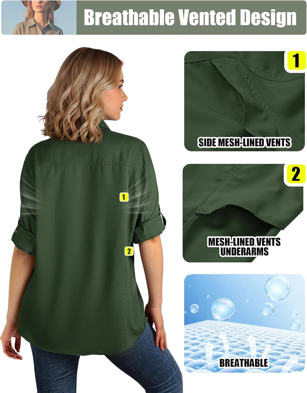 33,000ft Hemdbluse Damen UPF50 UV Schutz Hemd Schnelltrocknende Button-Down Shirts Atmungsaktive Wan