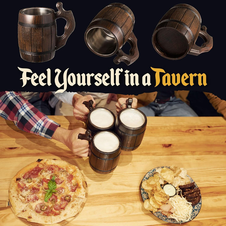 MyFancyCraftLUKRA Bierbecher aus Eichenholz, handgefertigt, Edelstahl-Tasse, 0,6 Liter, 20 Unzen, Ba