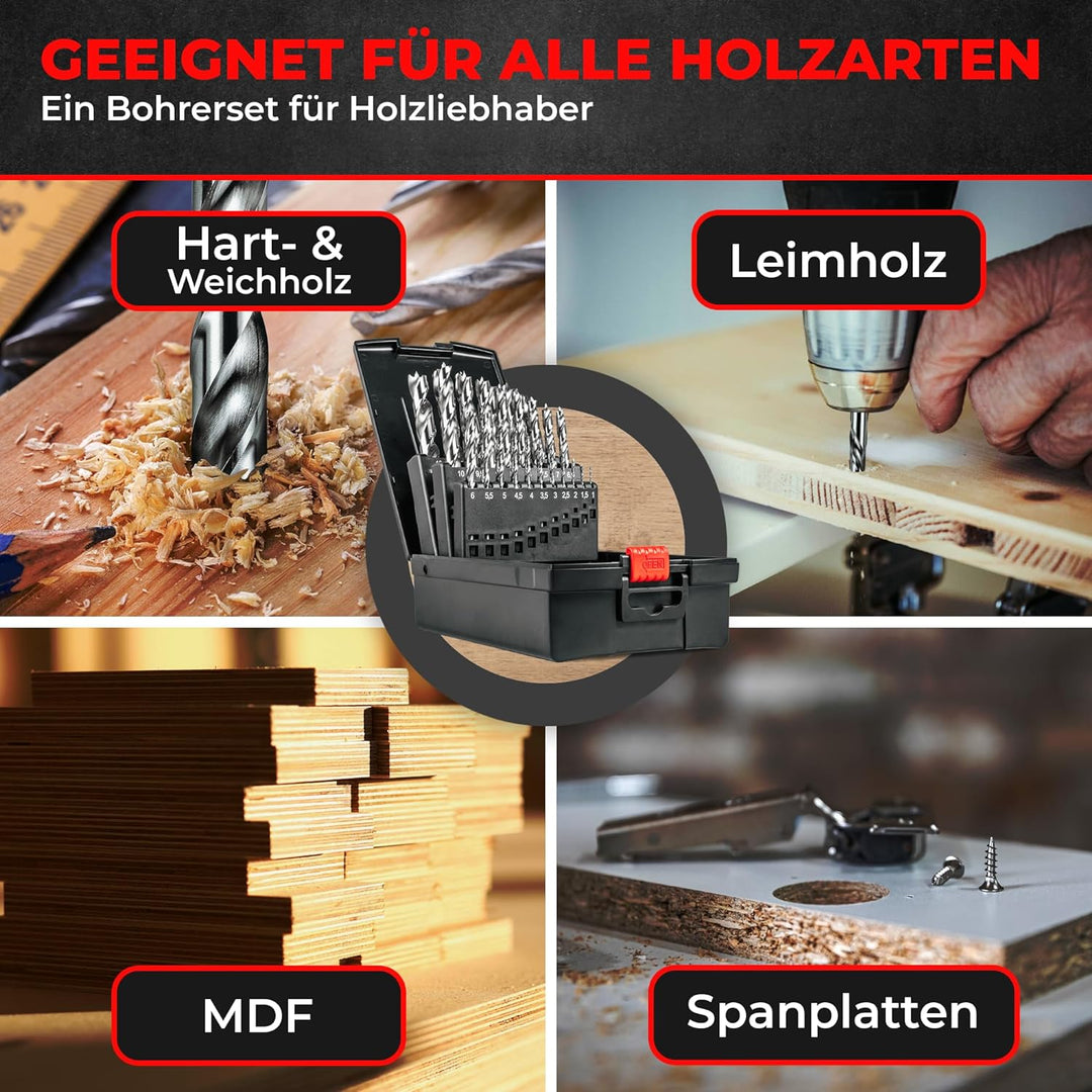Holzbohrer Set 1-13mm, 25-tlg, HSS-G, Holz-Spiralbohrer für Bohrmaschine & Akkuschrauber, Bohrer Set