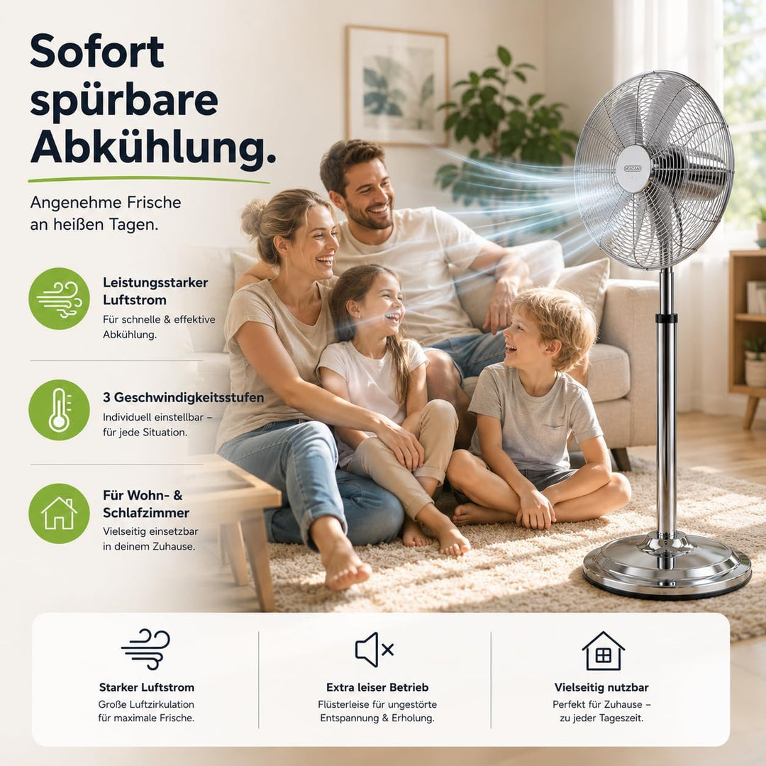 3 Stufen - Ø 45 cm Ventilator - Bodenventilator aus Metall – leistungsstarker Standventilator mit me