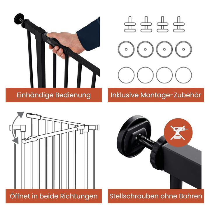 hauck Open N Stop 2, Schwarz - Kinderschutzgitter Hundegitter, Verstellbare Breite 75-80 cm, 77 cm H