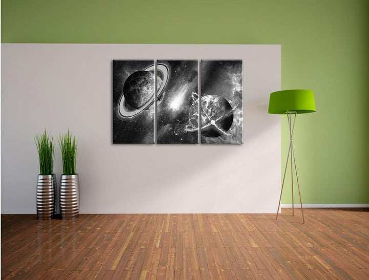 Pixxprint Ausgleich im Weltall Kunst B&W 3-Teiler Leinwandbild 120x80 Bild auf Leinwand