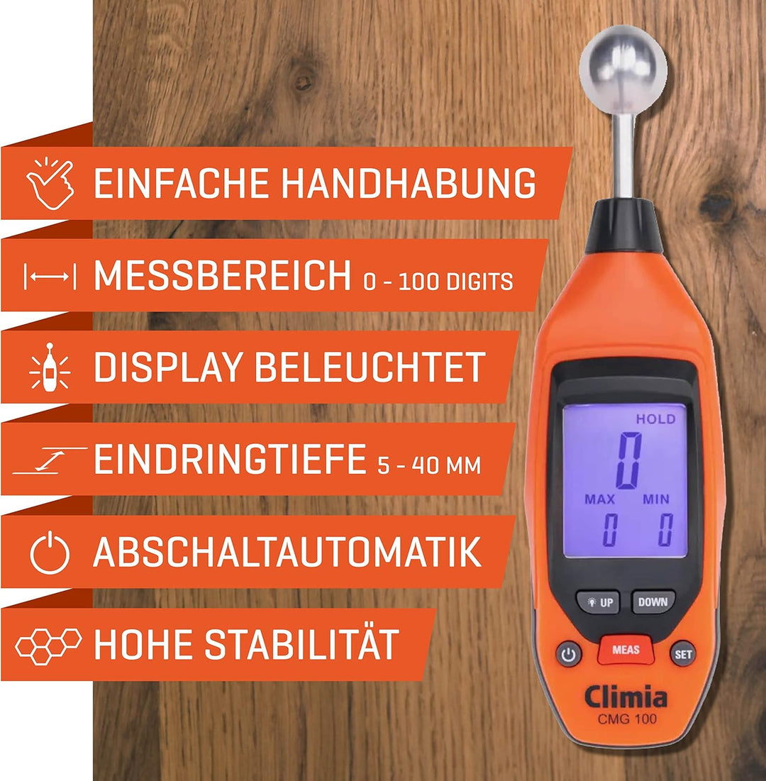 Climia CMG100 Feuchtemessgerät Wände, 5-40 mm Analysetiefe, Feuchtigkeitsmessgerät mit bis zu 50-Stu