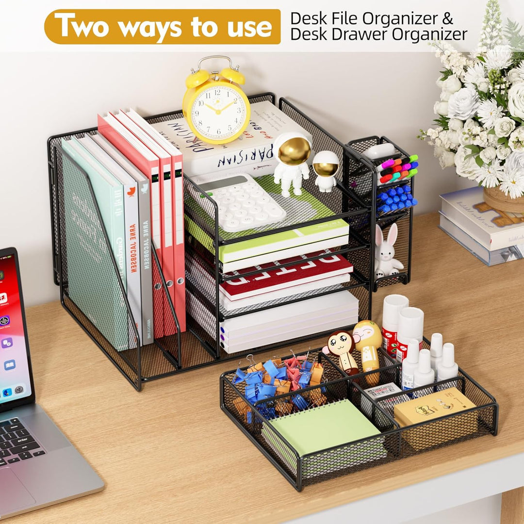 Schreibtisch Organizer mit Aktenhalter - 5-Tier Briefablage Ablagefächer mitSchublade,4 Stithalter,