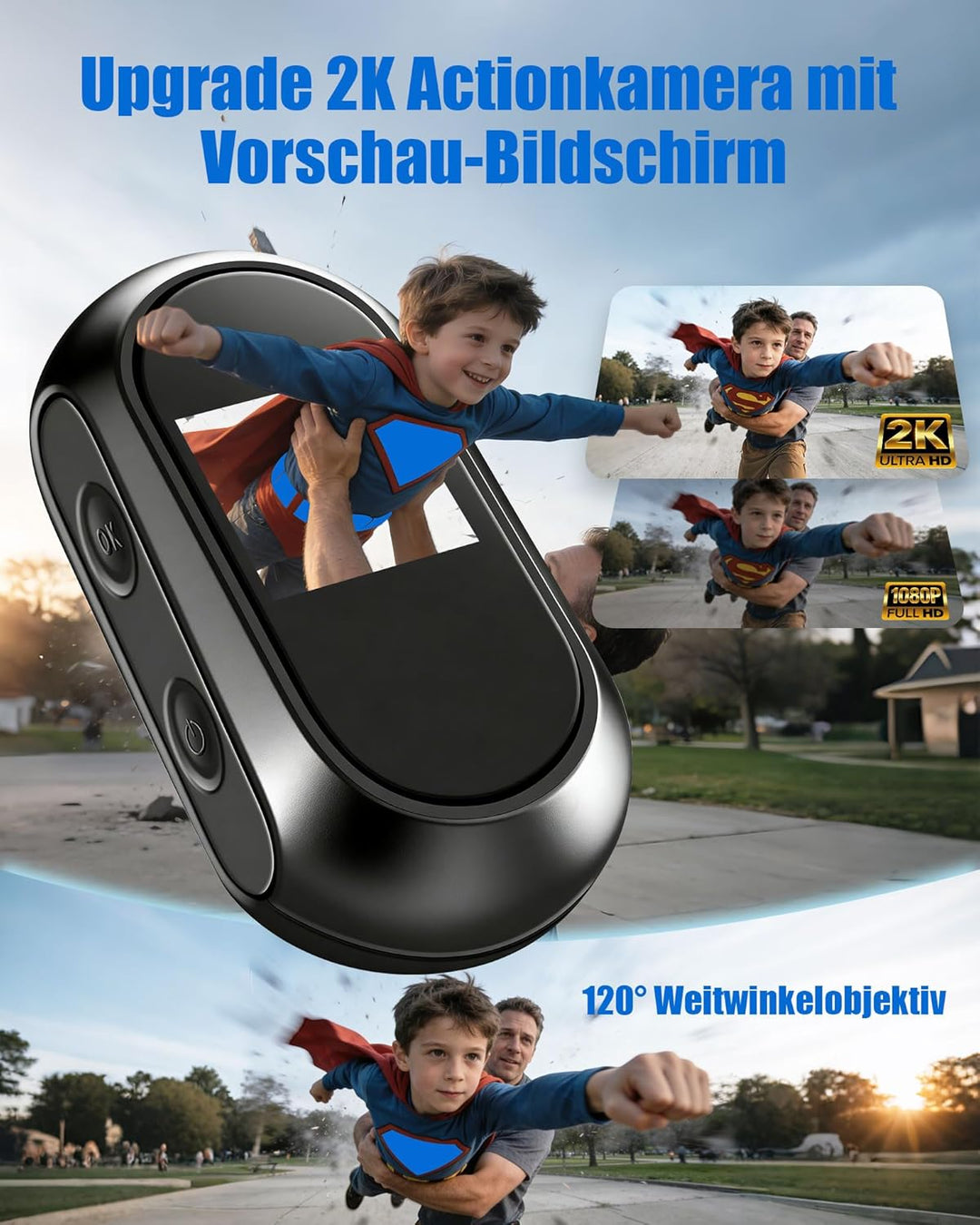 Action Cam 2K mit 64 GB Karte, Action Kamera mit WiFi, Mini Bodycam Körperkamera mit 120° Weitwinkel