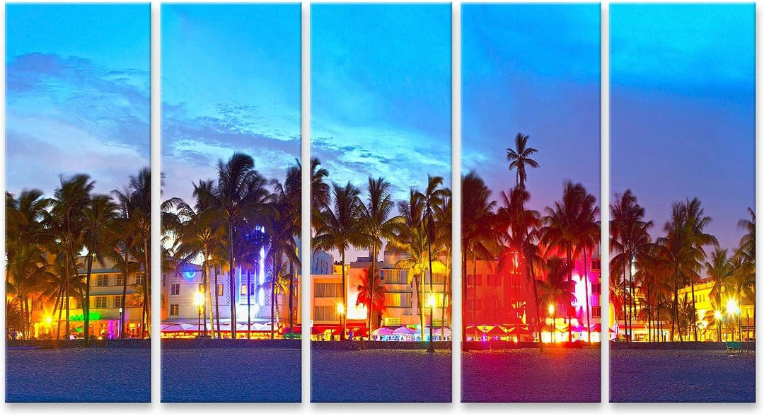 islandburner Bild auf Leinwand Miami Beach Florida Ocean Drive Palmen Bunte Lichter Bilder Wandbilde