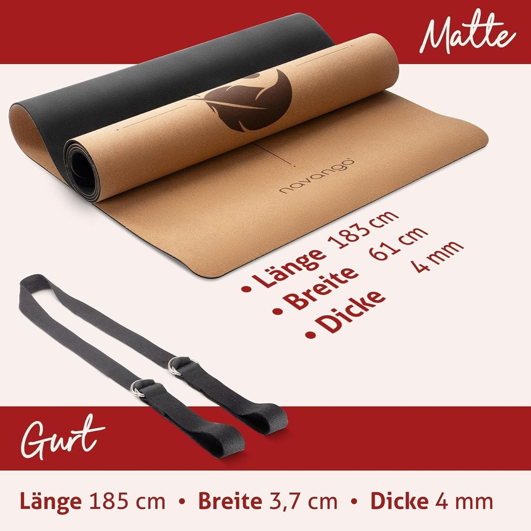Yoga Matte Kork | Inklusive Yogagurt | 4mm Dicke | Natürliche Dünne Yogamatte aus Naturkautschuk und