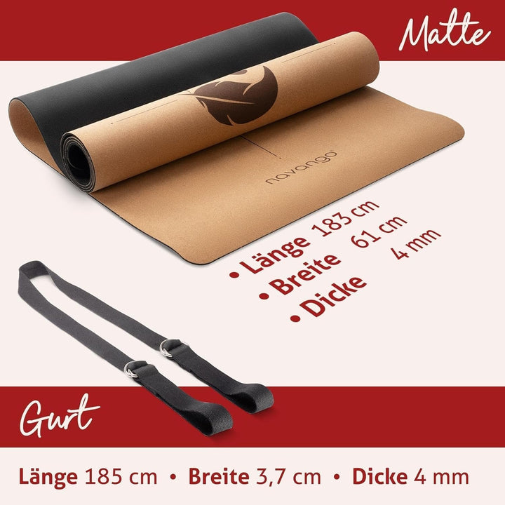 Yoga Matte Kork | Inklusive Yogagurt | 4mm Dicke | Natürliche Dünne Yogamatte aus Naturkautschuk und