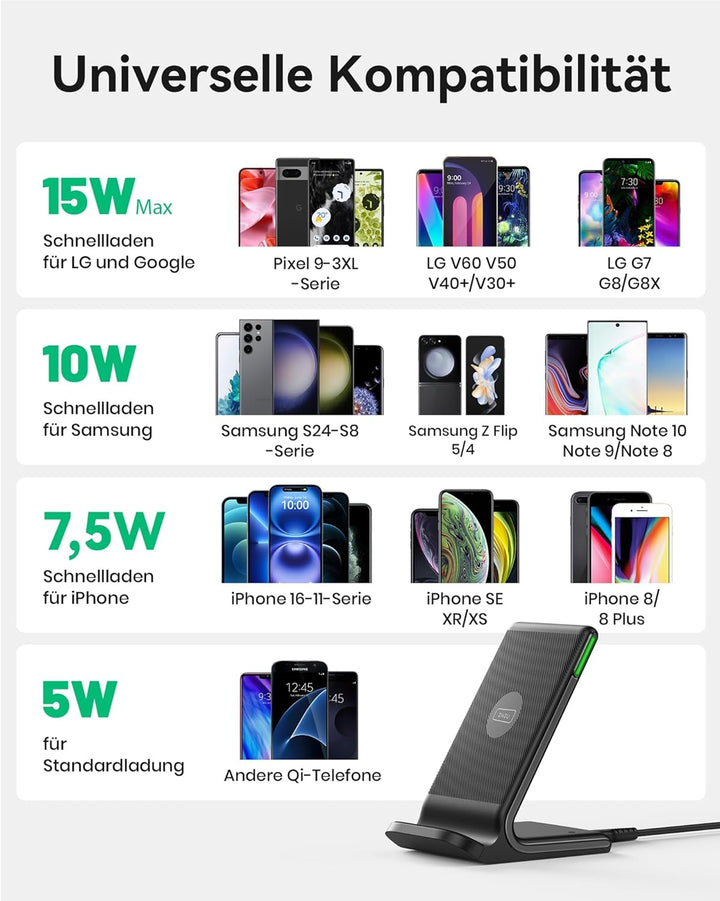 INIU Wireless Charger Stand, 15W Qi Zertifiziert Induktive Ladestation Schnelles Kabelloses Ladegerä